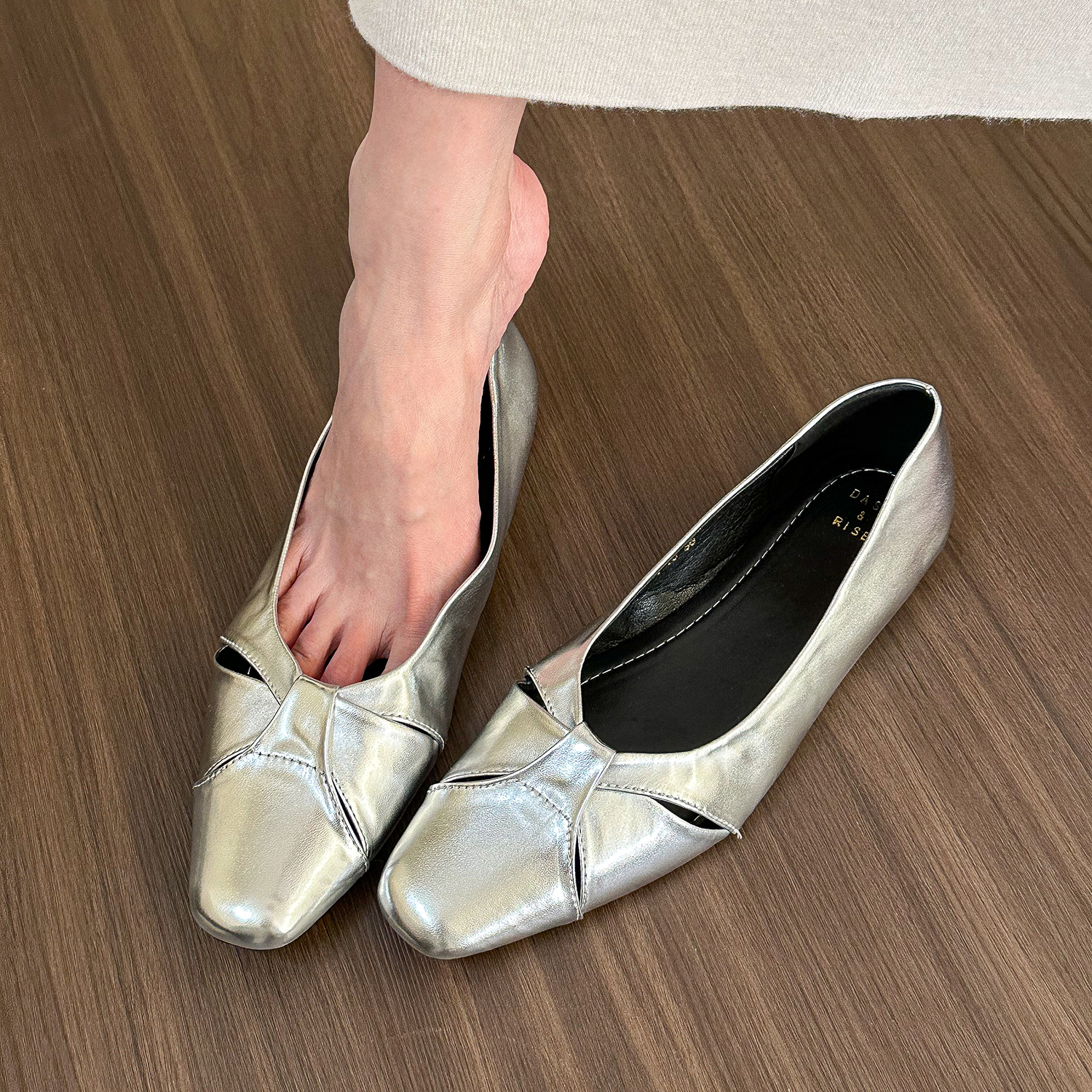 French Style Silver Square-Toe Shallow Hollow Flat Shoes for Women - Versatile Summer Footwear