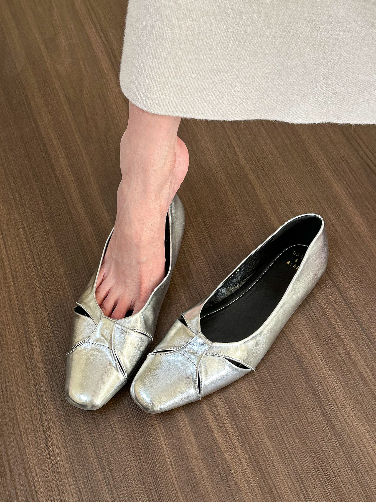 French Style Silver Square-Toe Shallow Hollow Flat Shoes for Women - Versatile Summer Footwear