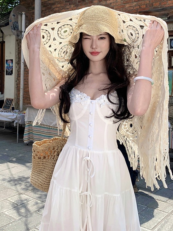 French-Style Spaghetti Strap Little White Dress for Women - Beautiful Long Summer Dress for Vacation by the Sea, Y2K Inspired French-Style Spaghetti Strap Little White Dress for Women - Beautiful Long Summer Dress for Vacation by the Sea, Y2K Inspired