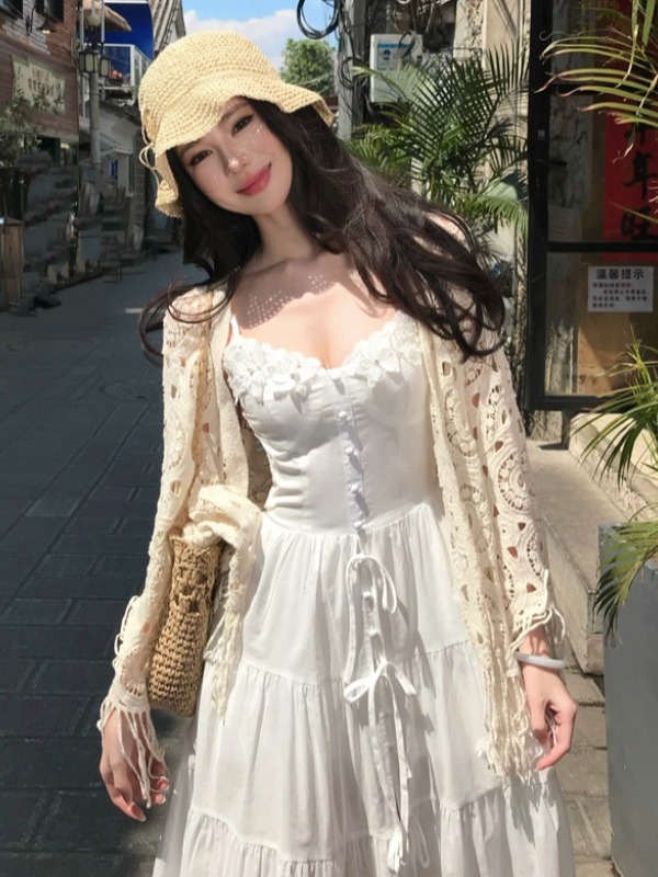 French-Style Spaghetti Strap Little White Dress for Women - Beautiful Long Summer Dress for Vacation by the Sea, Y2K Inspired French-Style Spaghetti Strap Little White Dress for Women - Beautiful Long Summer Dress for Vacation by the Sea, Y2K Inspired