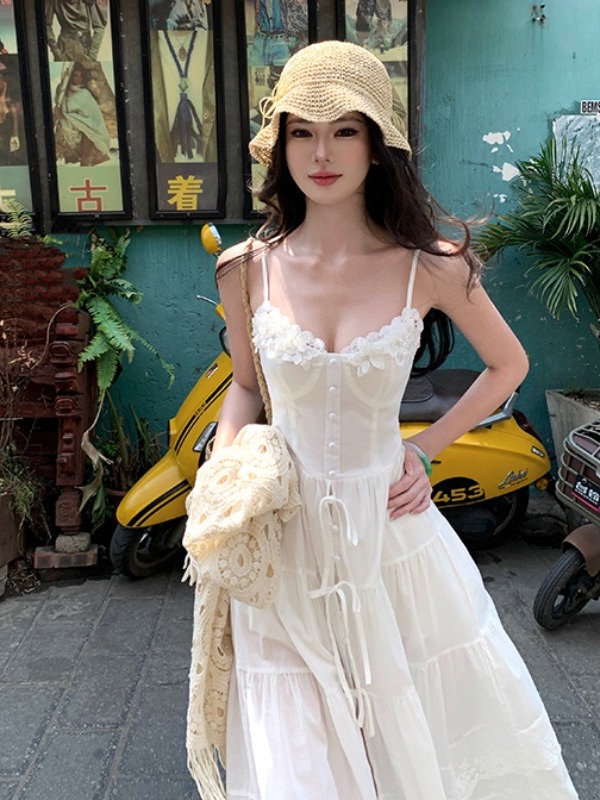 French-Style Spaghetti Strap Little White Dress for Women - Beautiful Long Summer Dress for Vacation by the Sea, Y2K Inspired