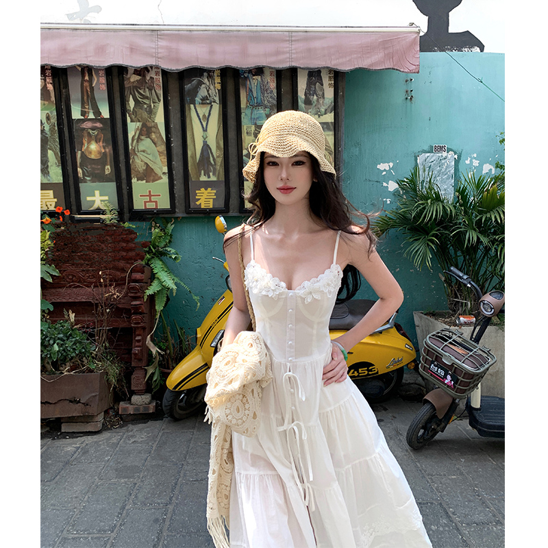 French-Style Spaghetti Strap Little White Dress for Women - Beautiful Long Summer Dress for Vacation by the Sea, Y2K Inspired French-Style Spaghetti Strap Little White Dress for Women - Beautiful Long Summer Dress for Vacation by the Sea, Y2K Inspired