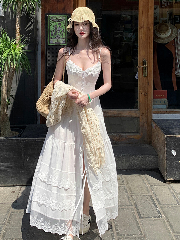 French-Style Spaghetti Strap Little White Dress for Women - Beautiful Long Summer Dress for Vacation by the Sea, Y2K Inspired French-Style Spaghetti Strap Little White Dress for Women - Beautiful Long Summer Dress for Vacation by the Sea, Y2K Inspired