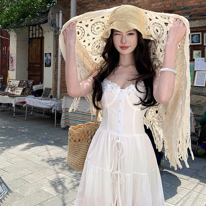 French-Style Spaghetti Strap Little White Dress for Women - Beautiful Long Summer Dress for Vacation by the Sea, Y2K Inspired