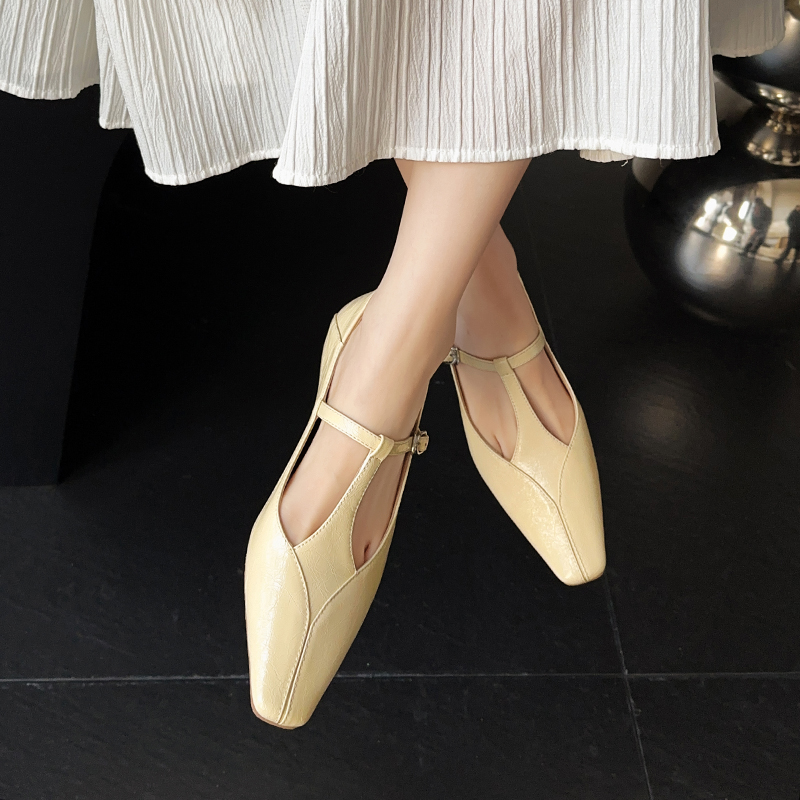 French Style T-Strap Mary Jane Flats for Women - Chunky Mid-Heel, Square Toe, Shallow Mouth - Chic and Sweet Design