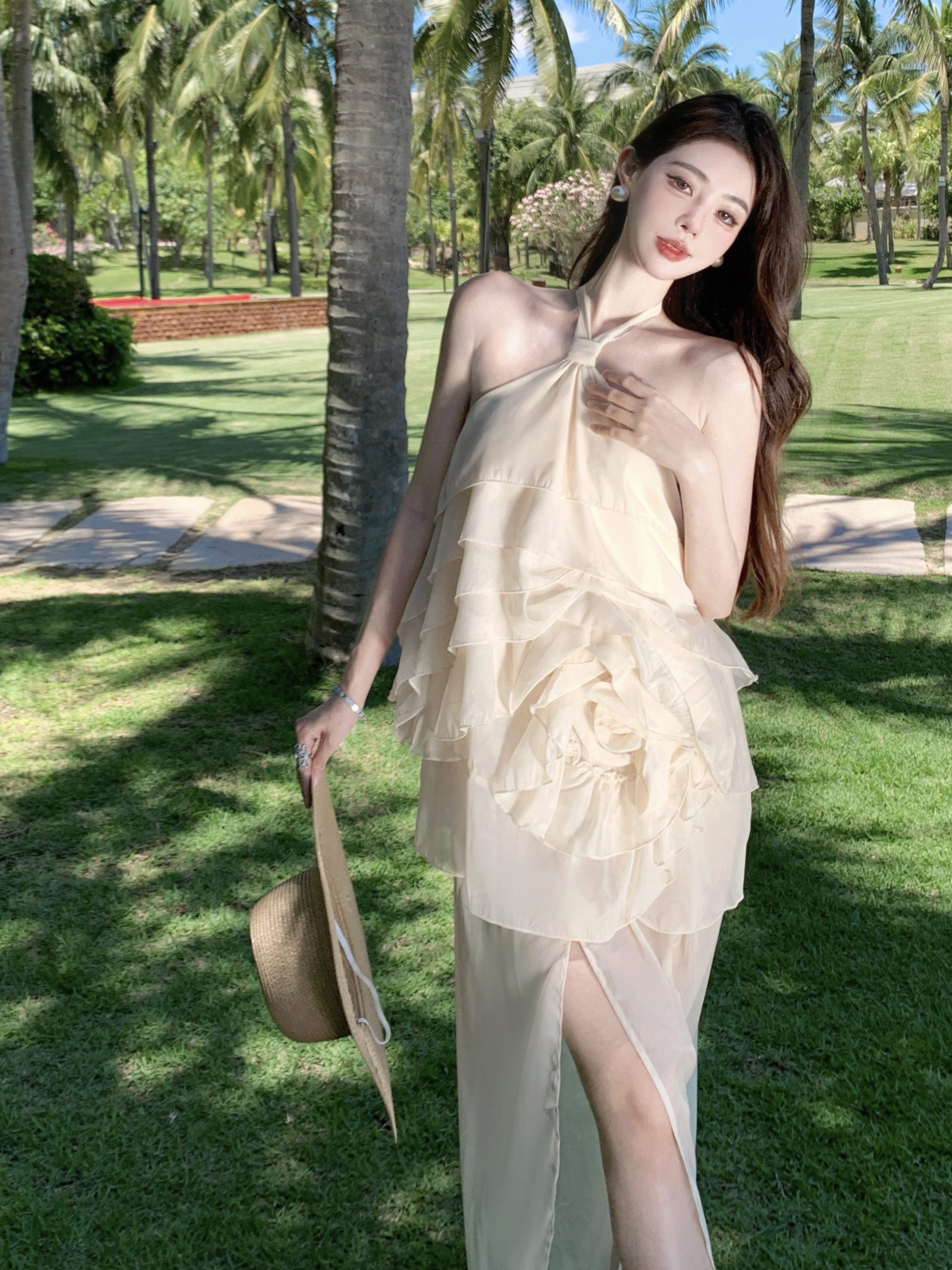 French Style Vacation Irregular Ruffled 3D Rose Halter Strap Dress with Side Slit – Summer Long Skirt for Women, Y2K Inspired French Style Vacation Irregular Ruffled 3D Rose Halter Strap Dress with Side Slit – Summer Long Skirt for Women, Y2K Inspired