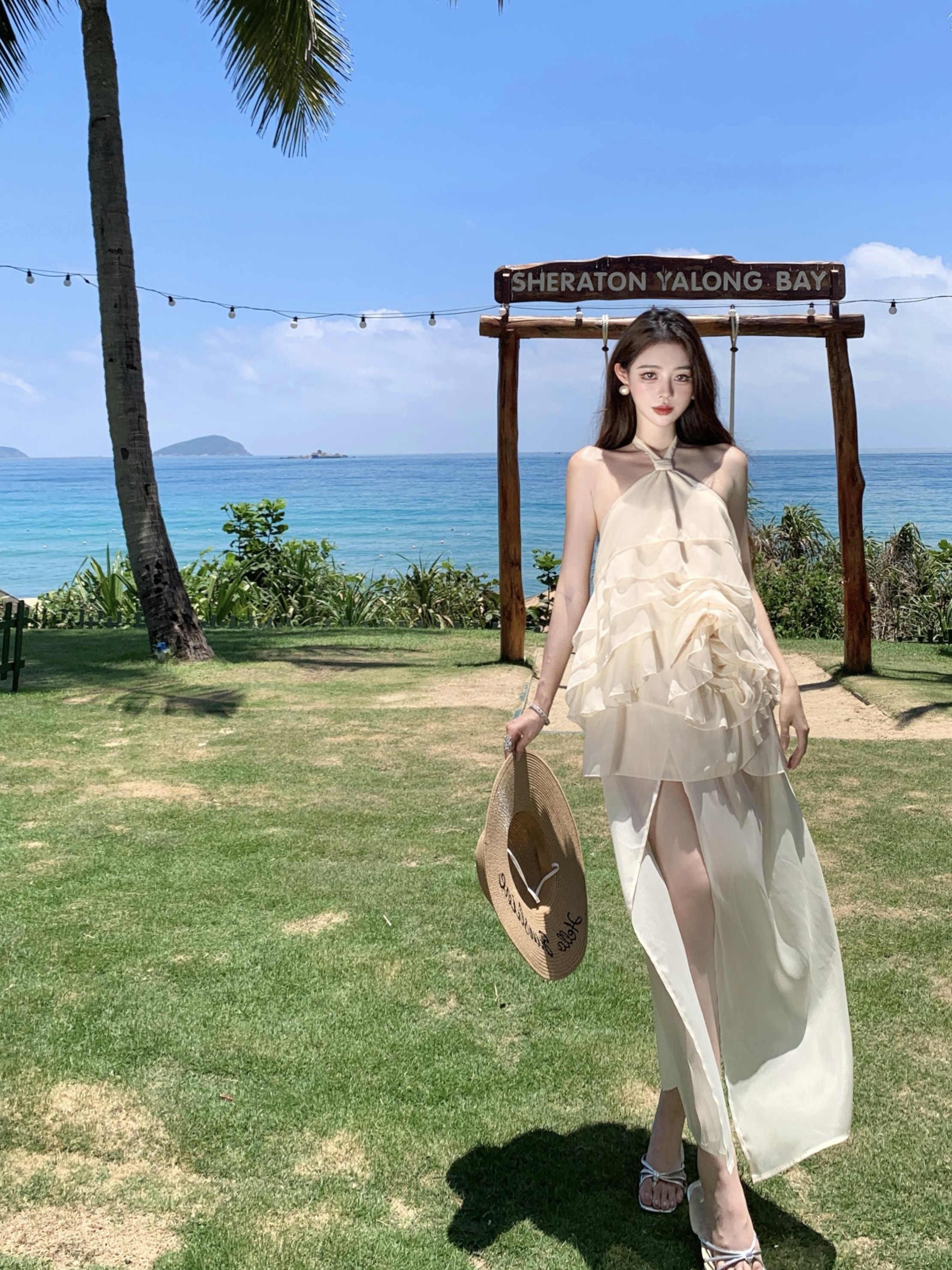 French Style Vacation Irregular Ruffled 3D Rose Halter Strap Dress with Side Slit – Summer Long Skirt for Women, Y2K Inspired French Style Vacation Irregular Ruffled 3D Rose Halter Strap Dress with Side Slit – Summer Long Skirt for Women, Y2K Inspired