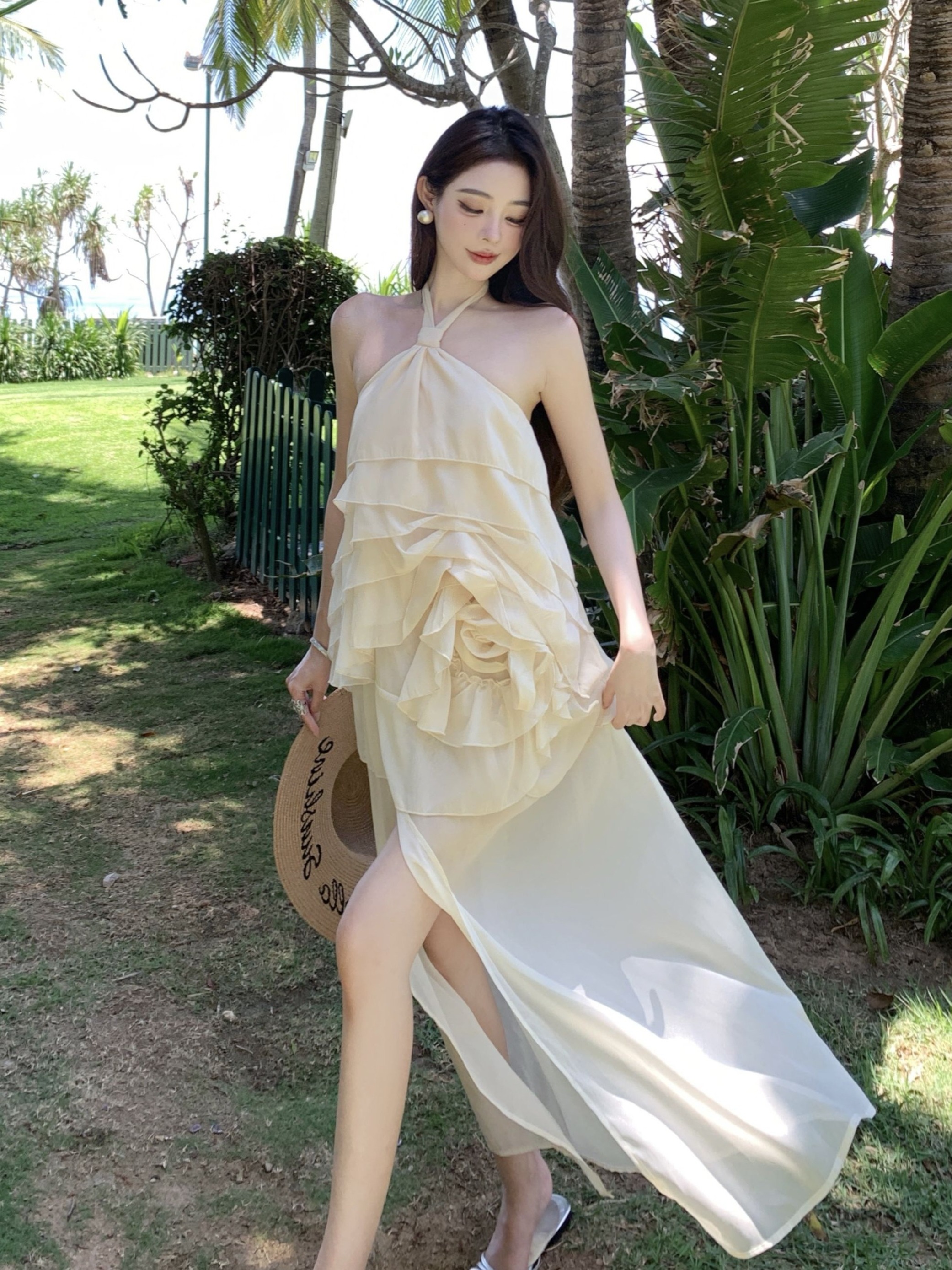 French Style Vacation Irregular Ruffled 3D Rose Halter Strap Dress with Side Slit â€“ Summer Long Skirt for Women, Y2K Inspired