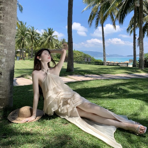 French Style Vacation Irregular Ruffled 3D Rose Halter Strap Dress with Side Slit â€“ Summer Long Skirt for Women, Y2K Inspired