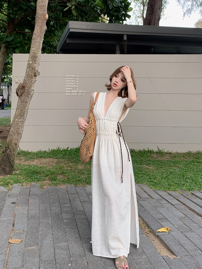 French-Style Waist-Cinching Spaghetti Strap Dress with Hollow Back - Feminine Linen Vacation Beach Dress for Summer