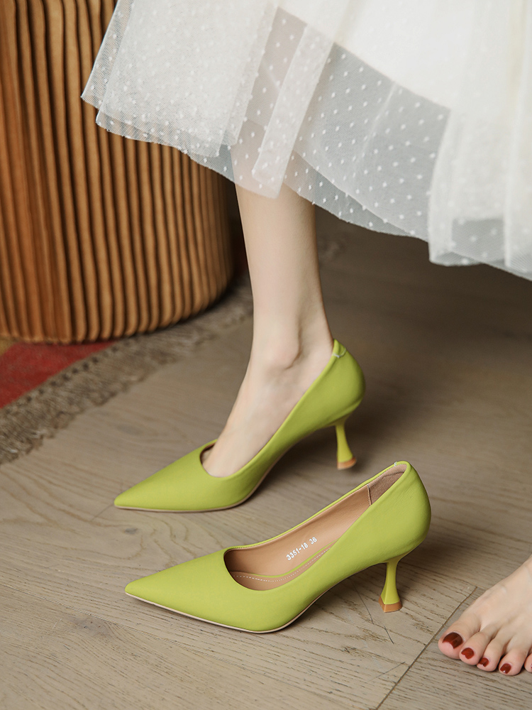 French-Style Women's Pointed Toe High Heels, Minimalist Soft Leather Flats, Fruit Green, Summer 2025, Thin Heel Design