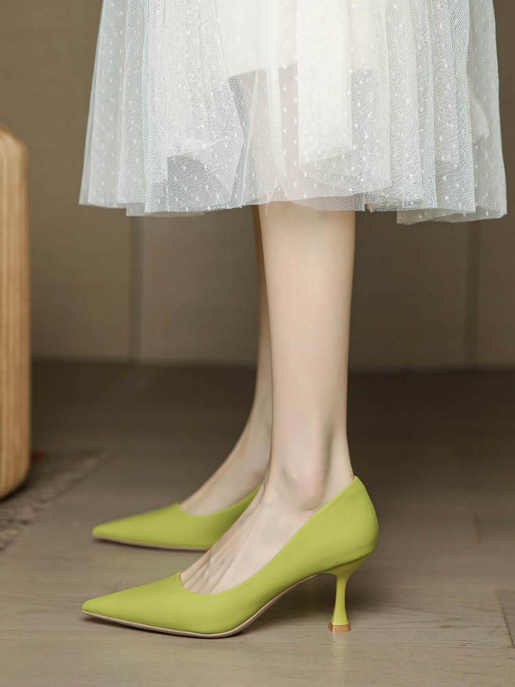 French-Style Women's Pointed Toe High Heels, Minimalist Soft Leather Flats, Fruit Green, Summer 2025, Thin Heel Design French-Style Women's Pointed Toe High Heels, Minimalist Soft Leather Flats, Fruit Green, Summer 2025, Thin Heel Design