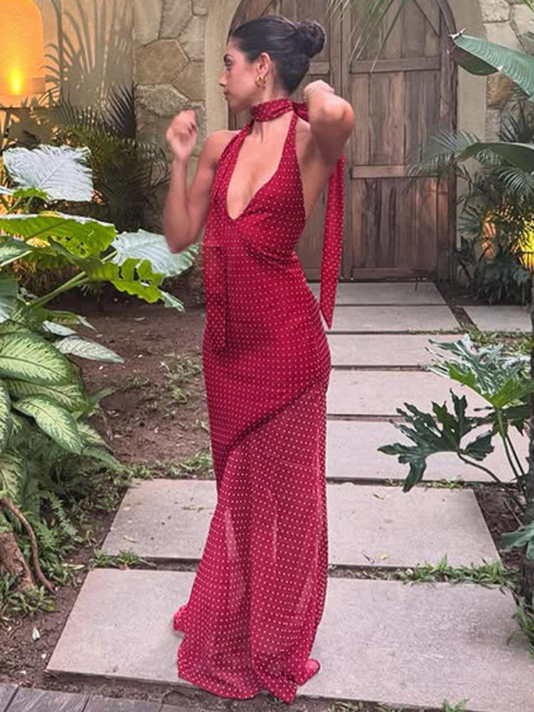 French Style Women's Red Polka Dot Halter Neck Dress with Irregular Bodycon Mesh Skirt â€“ Chic Summer Fashion