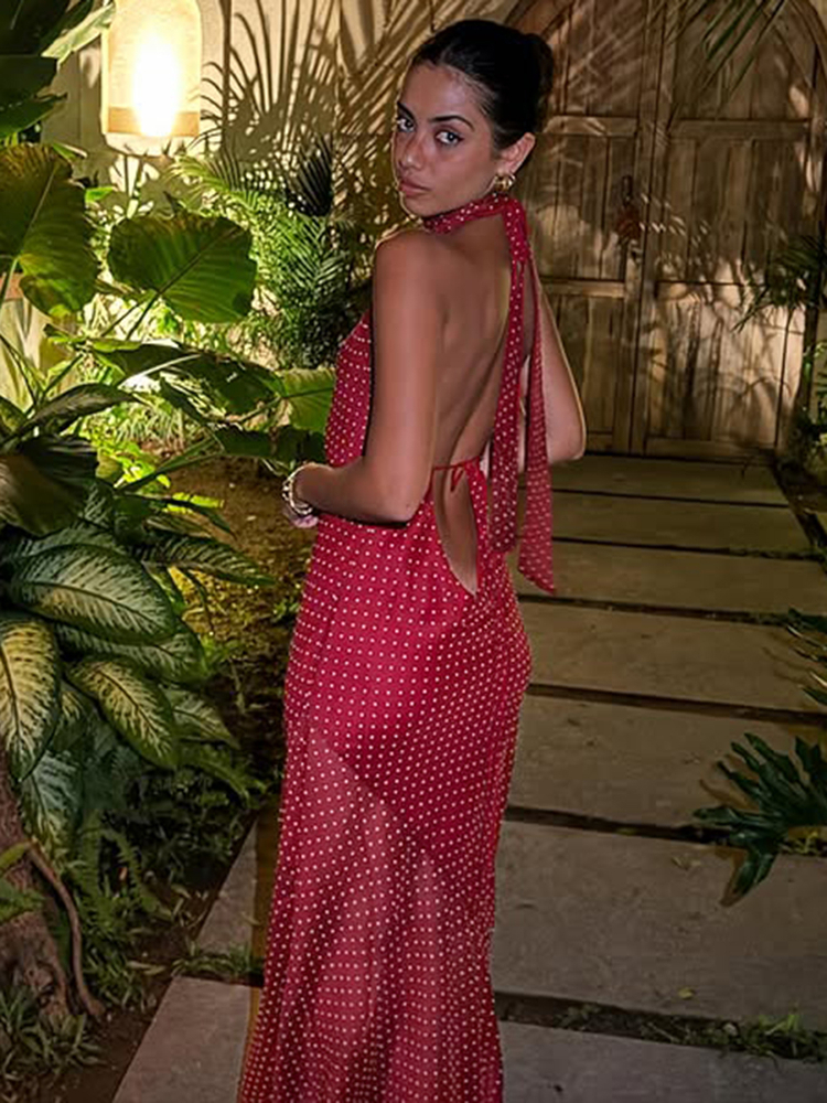 French Style Women's Red Polka Dot Halter Neck Dress with Irregular Bodycon Mesh Skirt – Chic Summer Fashion French Style Women's Red Polka Dot Halter Neck Dress with Irregular Bodycon Mesh Skirt – Chic Summer Fashion