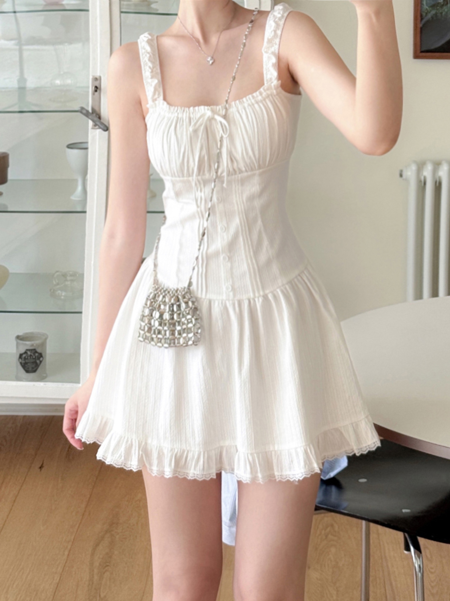 French Sweet Lace-Up Ruffled Bust Square Neck Dress for Women - Waist-Cinching Slimming Design, Lace Trim, Small White Dress