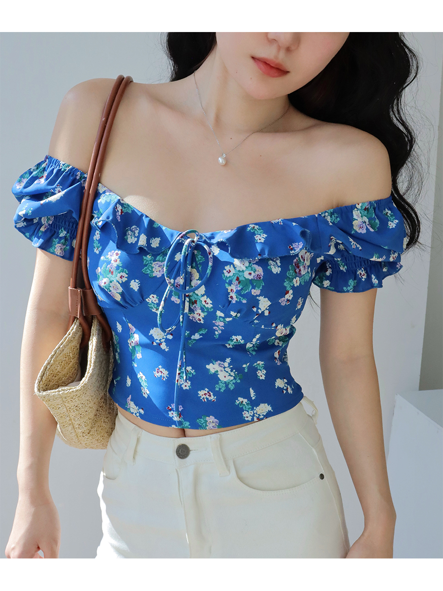 French Vintage Blue Floral Shirt with Square Collar and Puff Sleeves - Loose Slim Fit Short Sleeve Top for a Chic 90s Look