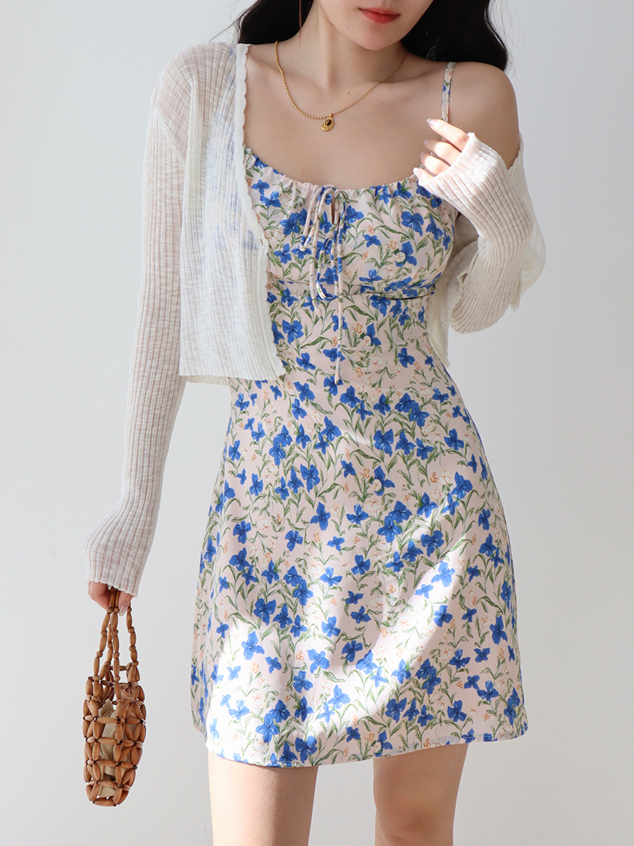 French Vintage Blue Floral Tie Strap Bodycon Mini Dress for Women - Slim Fit, Perfect for Summer and Y2K Style French Vintage Blue Floral Tie Strap Bodycon Mini Dress for Women - Slim Fit, Perfect for Summer and Y2K Style