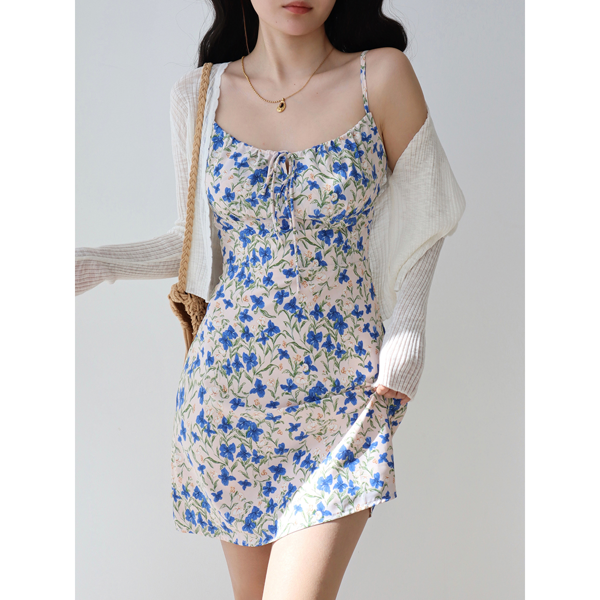 French Vintage Blue Floral Tie Strap Bodycon Mini Dress for Women - Slim Fit, Perfect for Summer and Y2K Style