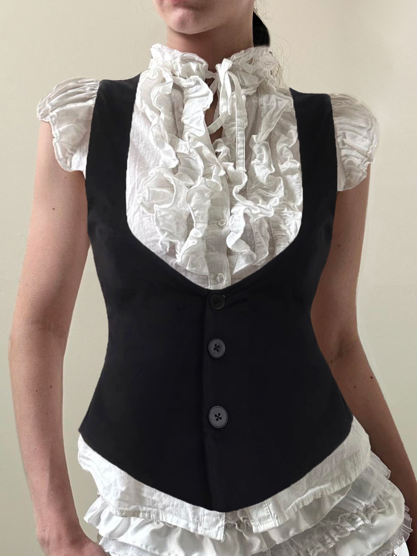 French Vintage Color-Blocking Faux Two-Piece Ruffled Edge Shirt for Women - Buttoned Waist-Cinching Slim-Fit Top in Y2K Style