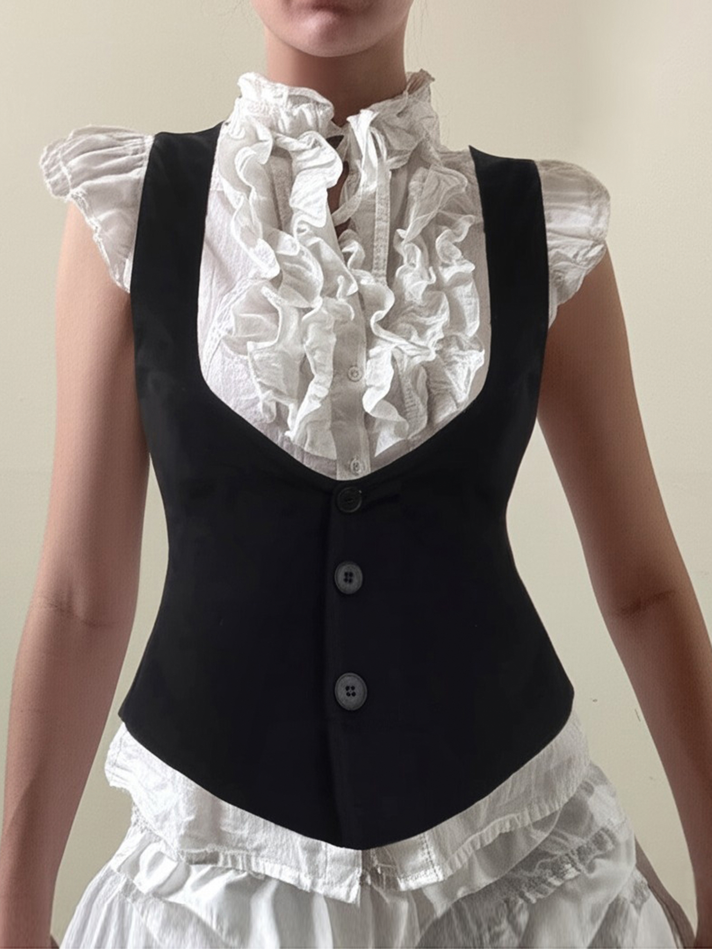 French Vintage Color-Blocking Faux Two-Piece Ruffled Edge Shirt for Women - Buttoned Waist-Cinching Slim-Fit Top in Y2K Style