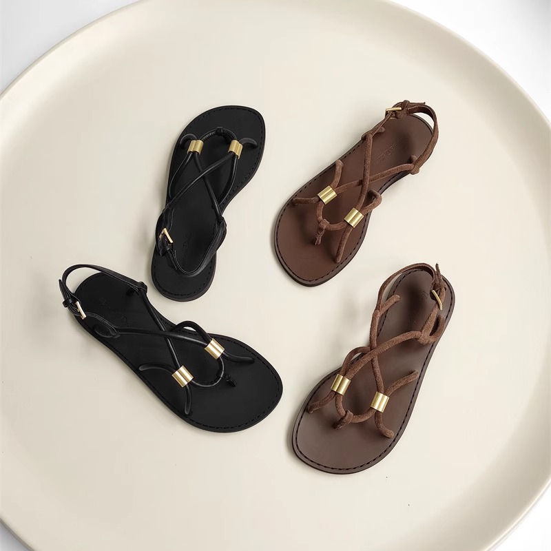 French Vintage High-End Open-Toe Genuine Leather Minimalist Thin Strap Roman Sandals for Women - Beach Style