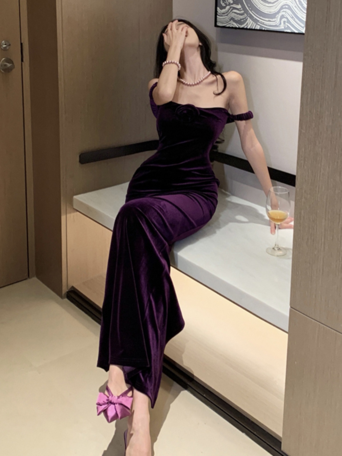 French Vintage High-End Purple Velvet Floral Spaghetti Strap Bodycon Evening Gown for Women