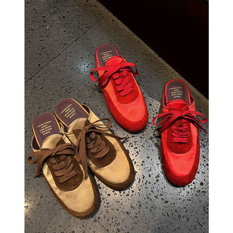 French Vintage Lace-Up Mule Shoes in Red Satin Lambskin - Women's Spring Half-Slippers for Chic Y2K Style