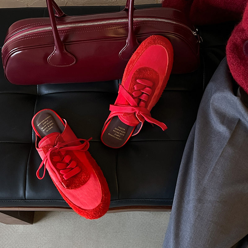 French Vintage Lace-Up Mule Shoes in Red Satin Lambskin - Women's Spring Half-Slippers for Chic Y2K Style French Vintage Lace-Up Mule Shoes in Red Satin Lambskin - Women's Spring Half-Slippers for Chic Y2K Style