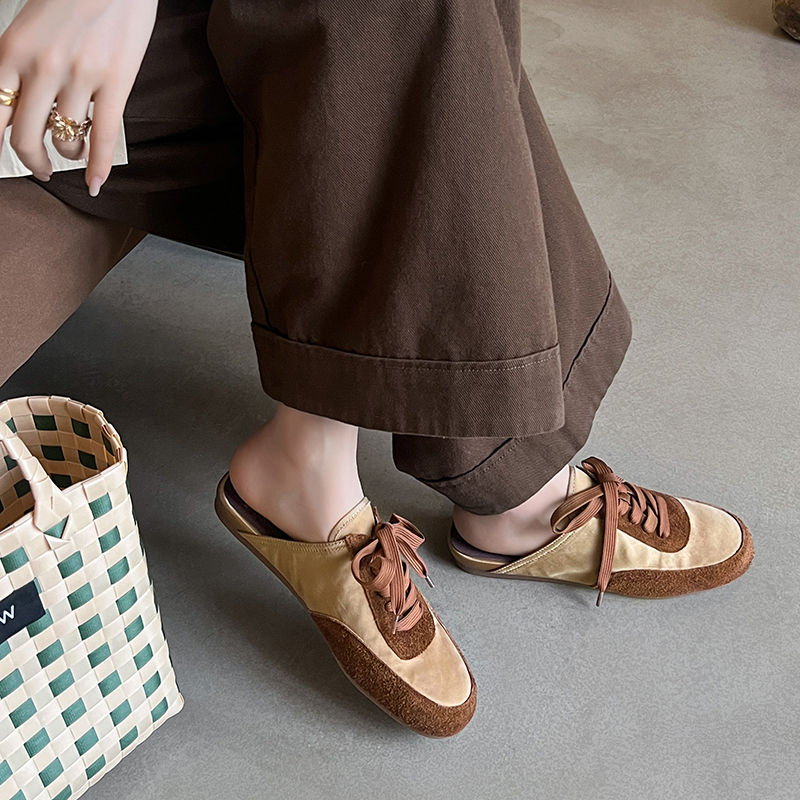 French Vintage Lace-Up Mule Shoes in Red Satin Lambskin - Women's Spring Half-Slippers for Chic Y2K Style