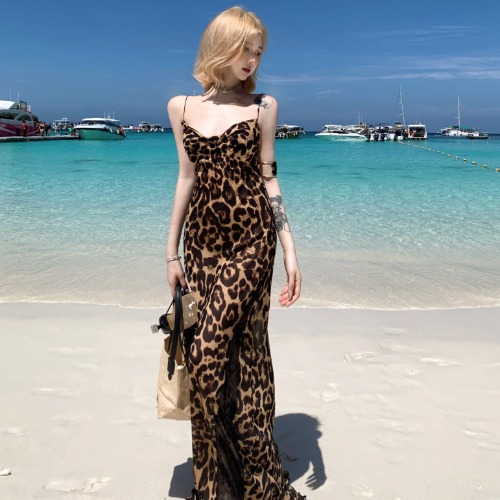 French Vintage Leopard Print Off-Shoulder Strap Dress for Women - Summer Sexy Hollow Back Long Dress, Vacation Style