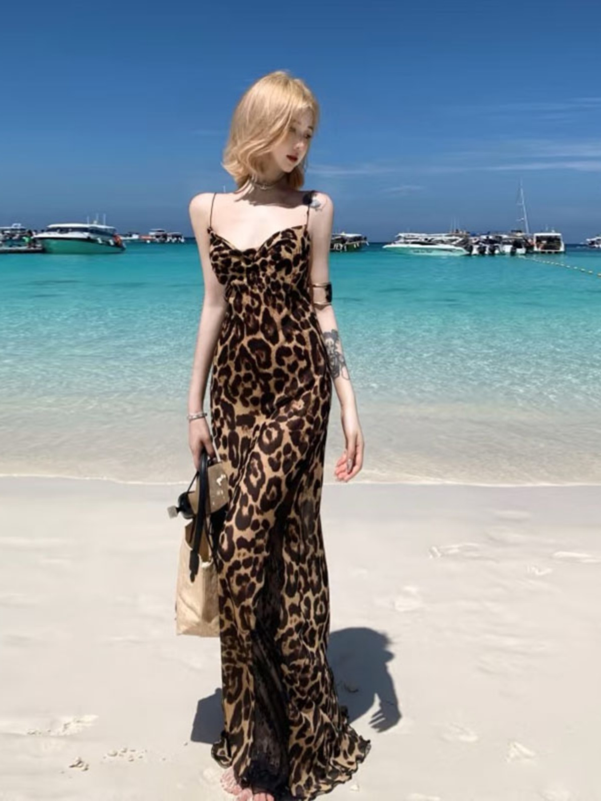 French Vintage Leopard Print Off-Shoulder Strap Dress for Women - Summer Sexy Hollow Back Long Dress, Vacation Style