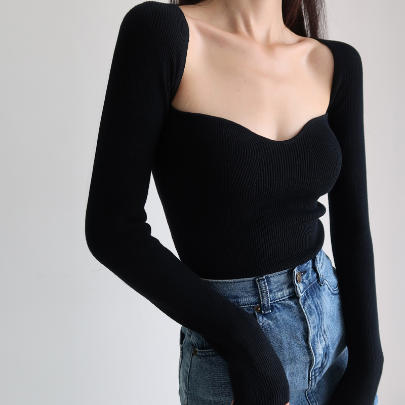 French Vintage Off-Shoulder Square Neck Fitted Long Sleeve Knit Sweater - Slimming Pullover for Autumn Winter Women
