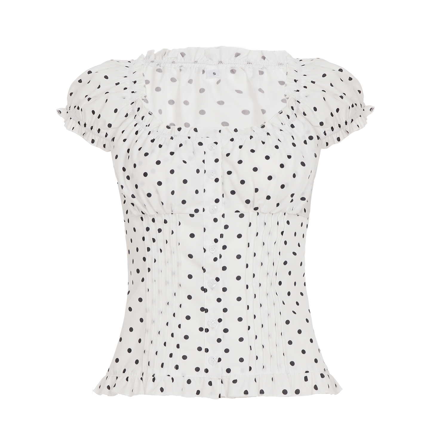 French Vintage Polka Dot Print Pleated Puff Sleeve White Shirt - Versatile Button-Up Top for Girls, Chic Retro Style