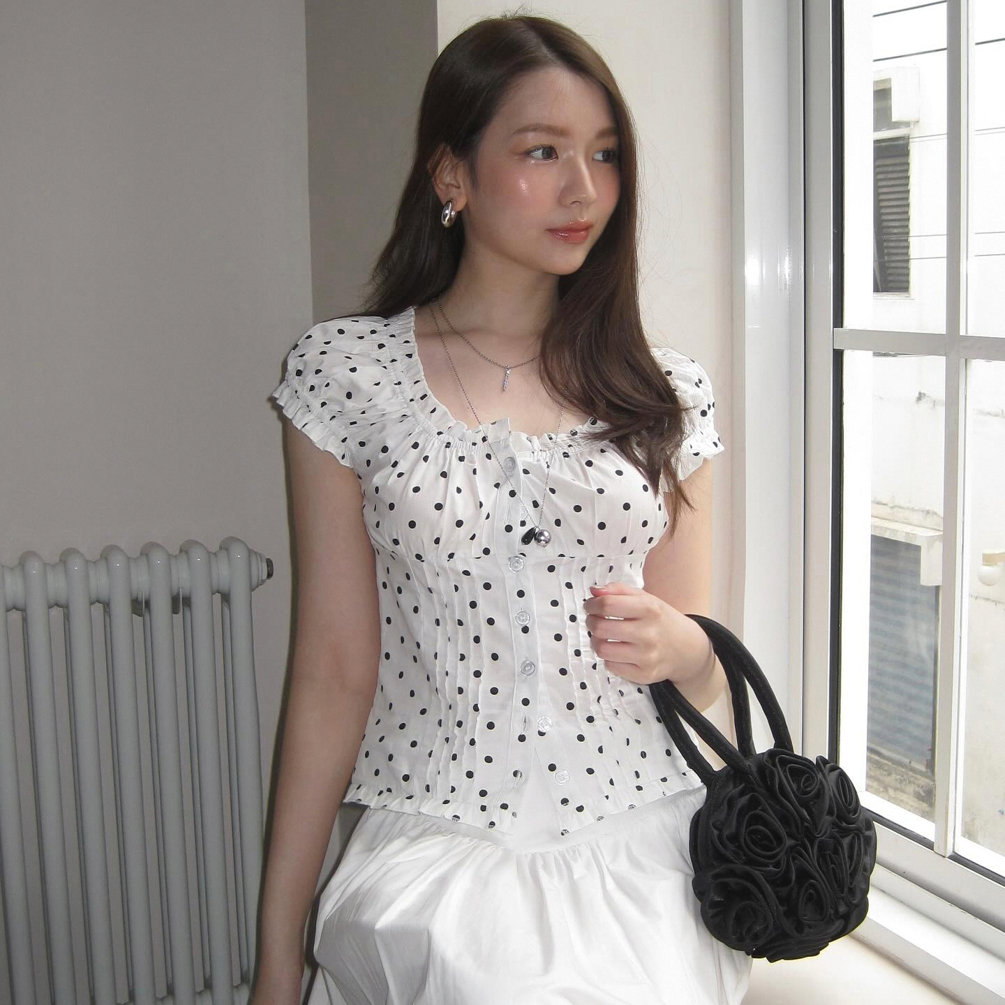 French Vintage Polka Dot Print Pleated Puff Sleeve White Shirt - Versatile Button-Up Top for Girls, Chic Retro Style