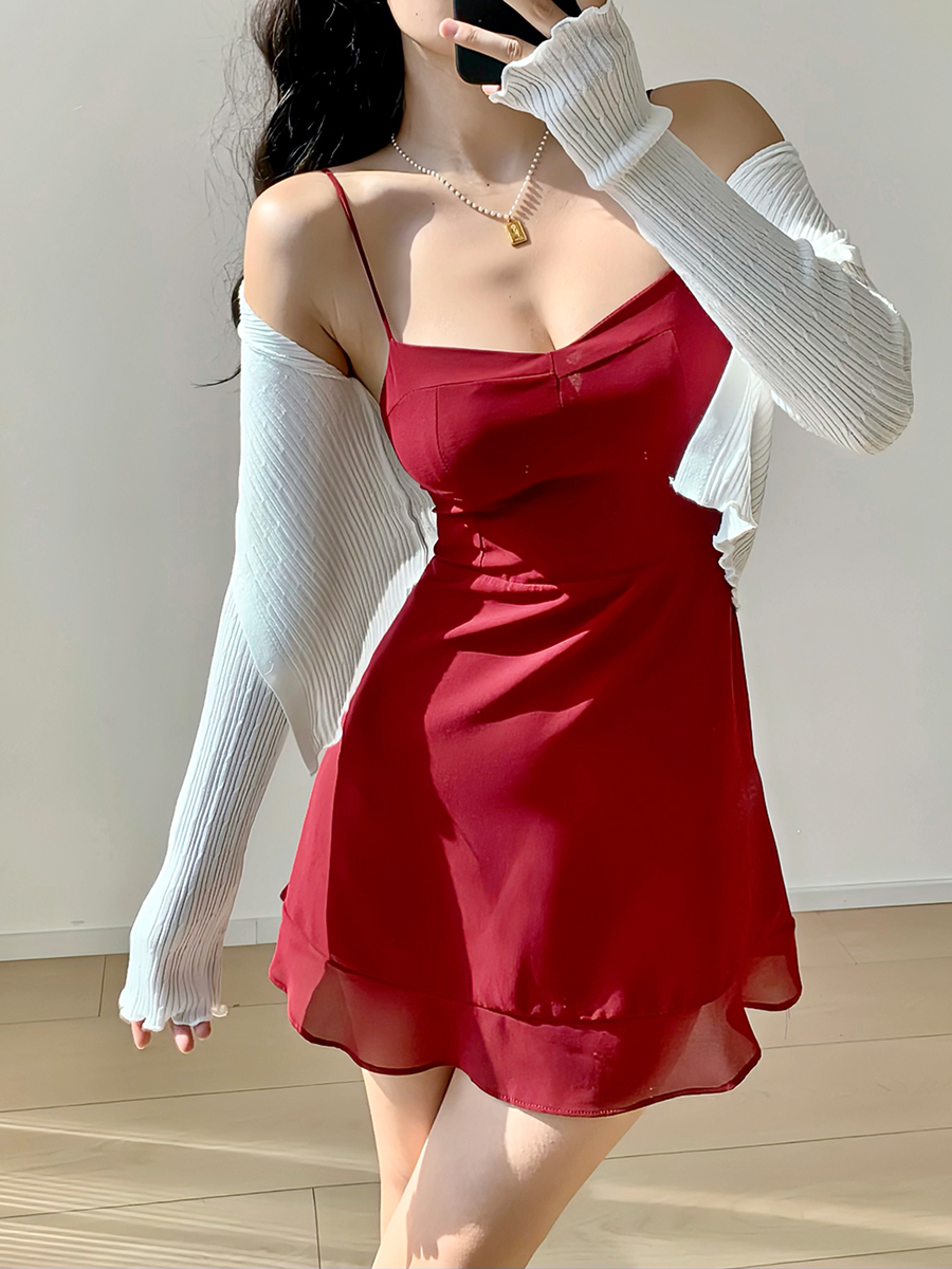 French Vintage Red Slim Sexy Ruffled Strap Mini Dress for Vacation - 90s Inspired Summer Fashion French Vintage Red Slim Sexy Ruffled Strap Mini Dress for Vacation - 90s Inspired Summer Fashion