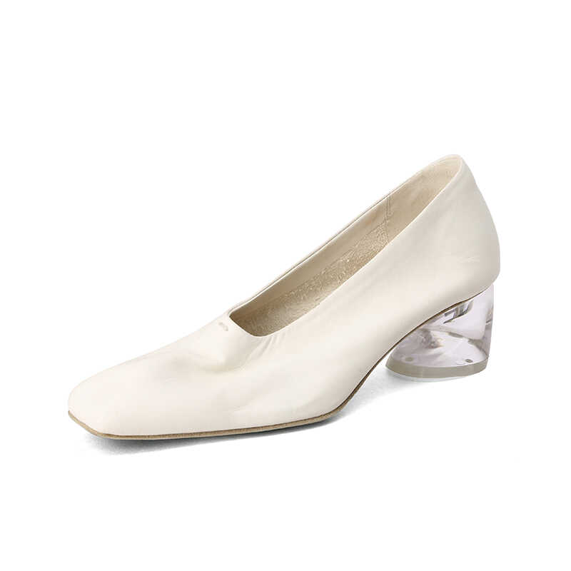 French Vintage Square Toe Washed Horse Leather Crystal Heel Granny Shoes for Women - Medium Chunky Heel Flats