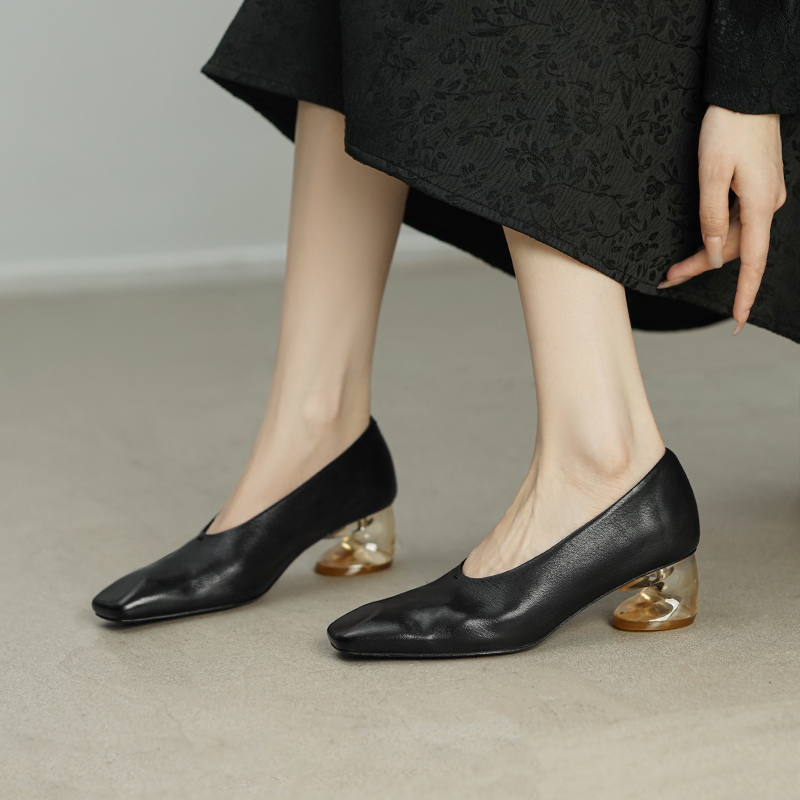 French Vintage Square Toe Washed Horse Leather Crystal Heel Granny Shoes for Women - Medium Chunky Heel Flats