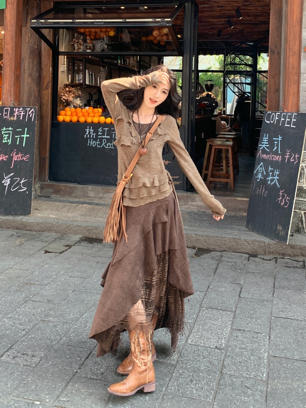 French Vintage Suede Half Skirt with Lace Splicing, Irregular A-Line High-Waisted Long Skirt Set for Versatile Styling