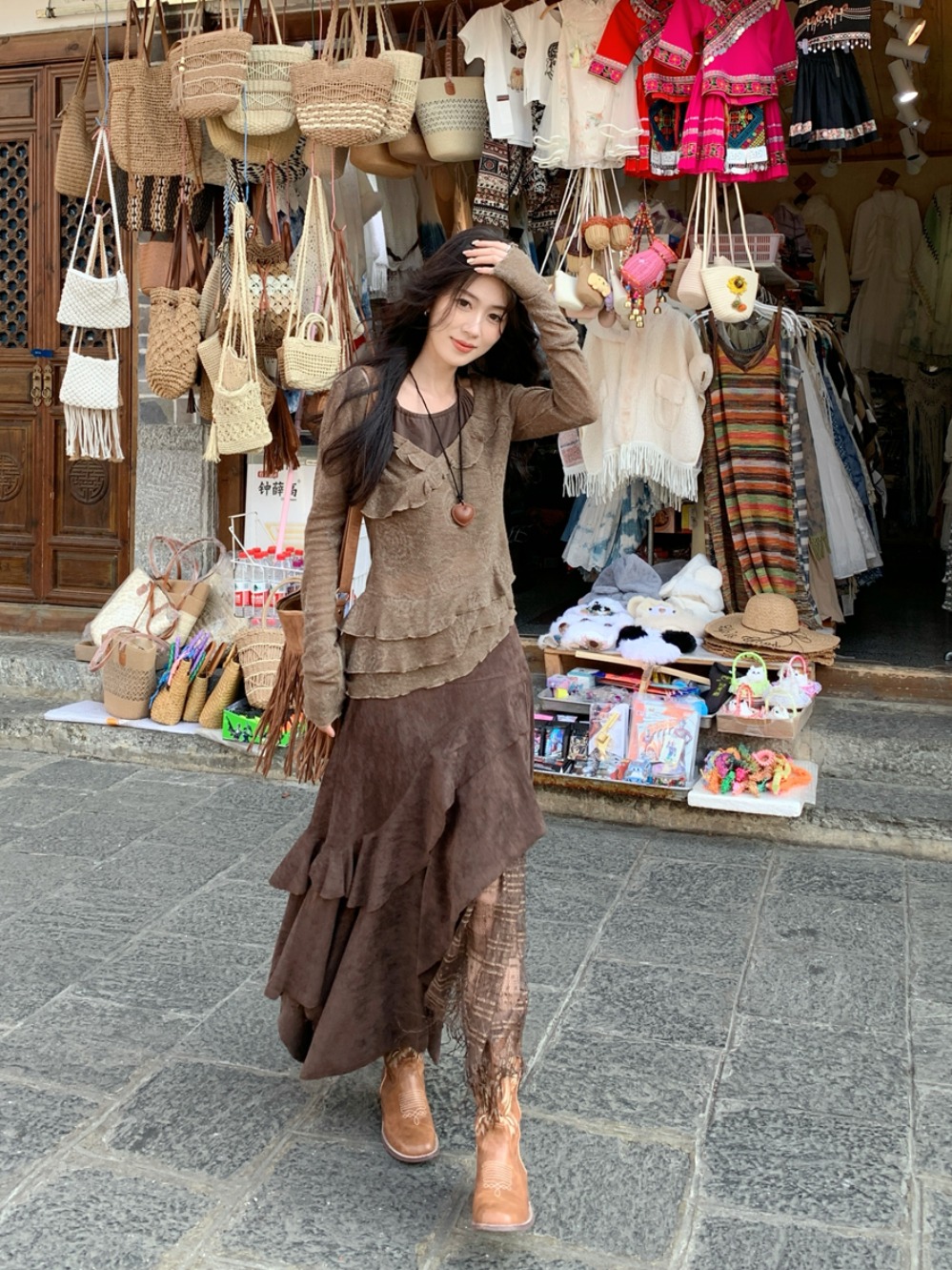 French Vintage Suede Half Skirt with Lace Splicing, Irregular A-Line High-Waisted Long Skirt Set for Versatile Styling French Vintage Suede Half Skirt with Lace Splicing, Irregular A-Line High-Waisted Long Skirt Set for Versatile Styling