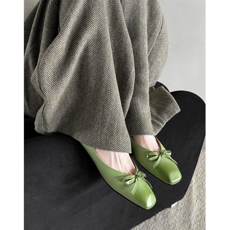 French Vintage Water-Washed Cowhide Green Bow Ballet Flats for Women - Comfortable Non-Fatigue 90s Style Flat Shoes