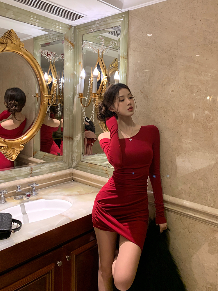 French Wine Red Long Sleeve Bodycon Dress for Women - Sexy Knitted Autumn & Winter New Year Style