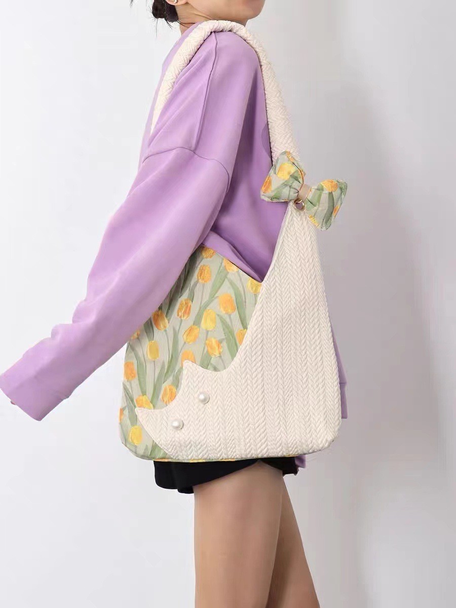 Fresh Tulip Cat Bow Shoulder Crossbody Bag - Cute Niche Large Capacity Tote for Spring and Summer Fashion Fresh Tulip Cat Bow Shoulder Crossbody Bag - Cute Niche Large Capacity Tote for Spring and Summer Fashion