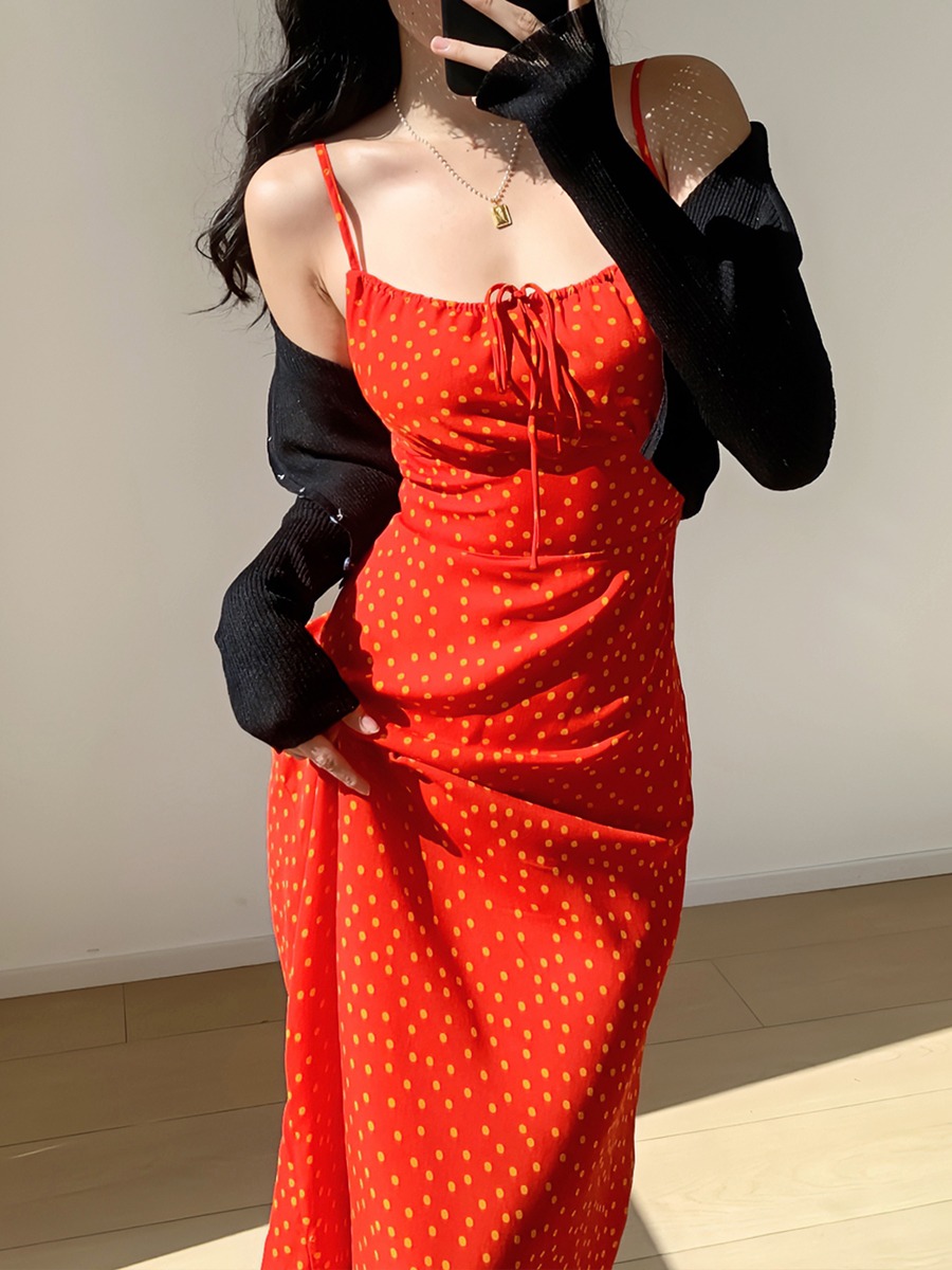 Front Tie Red Polka Dot Waist-Defining Slimming Sling Dress - European American Style Long Skirt for Women, Y2K Fashion Front Tie Red Polka Dot Waist-Defining Slimming Sling Dress - European American Style Long Skirt for Women, Y2K Fashion