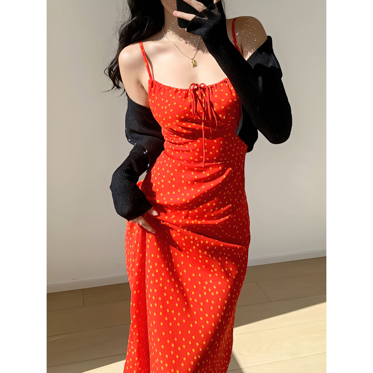Front Tie Red Polka Dot Waist-Defining Slimming Sling Dress - European American Style Long Skirt for Women, Y2K Fashion Front Tie Red Polka Dot Waist-Defining Slimming Sling Dress - European American Style Long Skirt for Women, Y2K Fashion