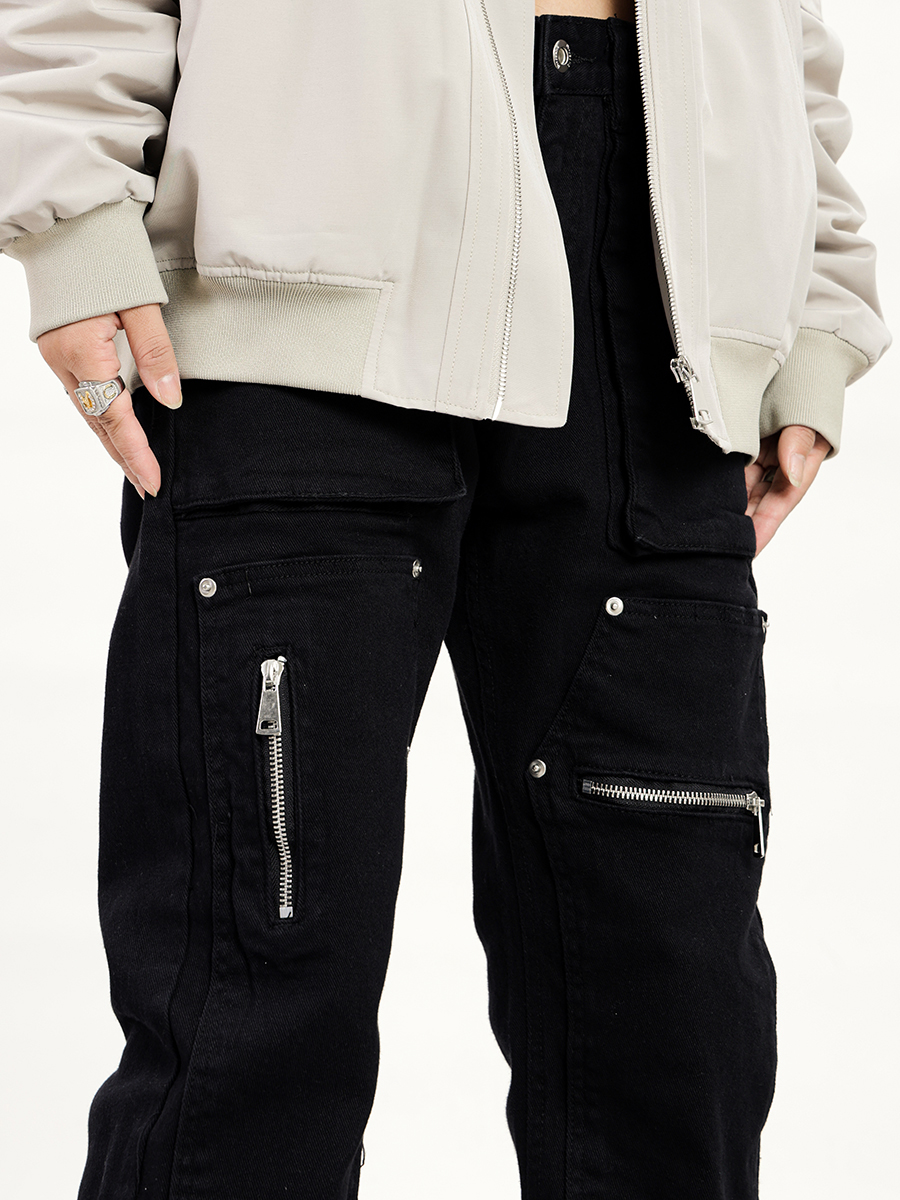 Functional Zipper Rivet Design Denim Pants for Men and Women - Slim Fit Straight Leg Trousers, Casual Streetwear Style Functional Zipper Rivet Design Denim Pants for Men and Women - Slim Fit Straight Leg Trousers, Casual Streetwear Style