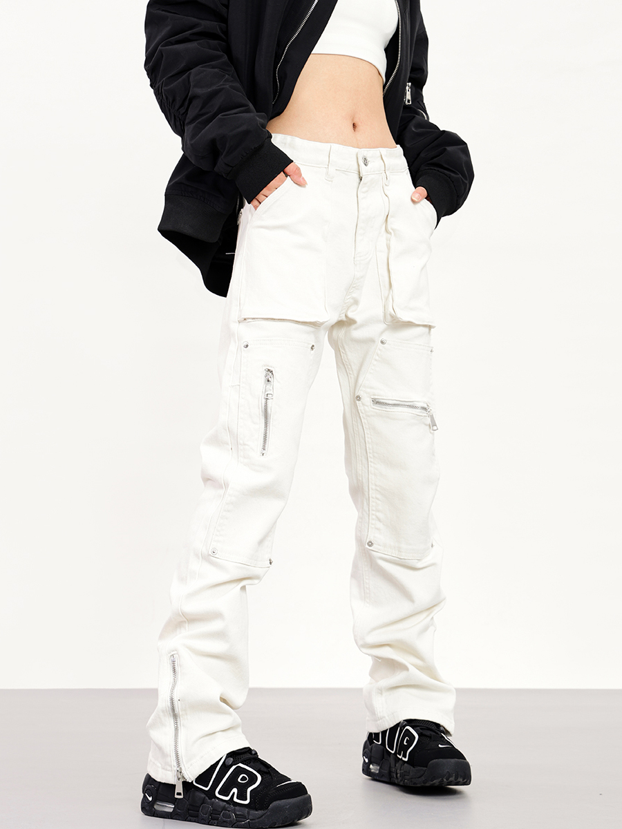 Functional Zipper Rivet Design Denim Pants for Men and Women - Slim Fit Straight Leg Trousers, Casual Streetwear Style Functional Zipper Rivet Design Denim Pants for Men and Women - Slim Fit Straight Leg Trousers, Casual Streetwear Style