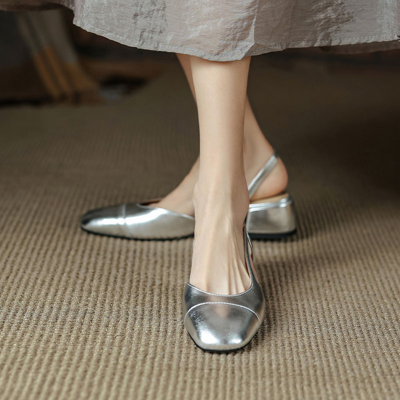 Genuine Leather Chunky Heel Open-Toe Sandals for Women - Summer Square Toe Backless Style in Silver