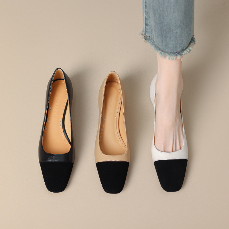 Genuine Leather Color-Blocking Mid-Heel Grandma Shoes - Retro Square-Toe Chunky Heel Flats for Y2K and Vintage Style