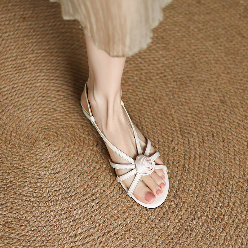 Genuine Leather Flower Detail Thin Strap Open-Toe Sandals for Women - Low-Heeled Roman Style Footwear