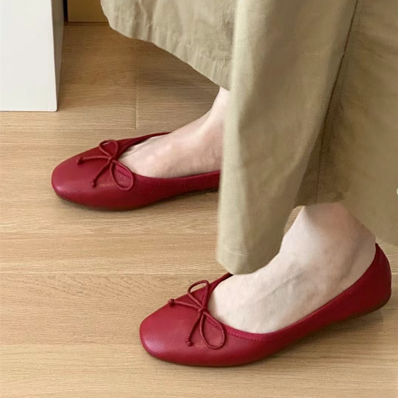 Genuine Leather French Bow Ballet Flats for Women - Little Red Slip-On Casual Loafers, Soft-Soled, Flat, Simple Design